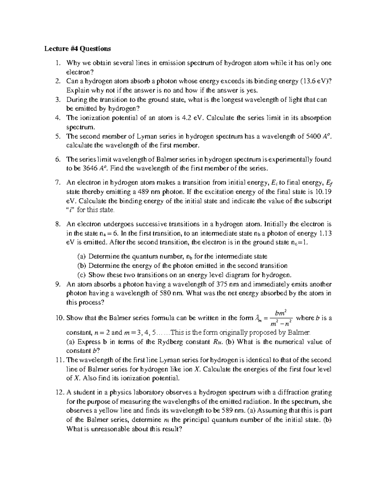 Tutorial Lecture #4 - Practice Questions on Hydrogen Spectrum Concepts ...