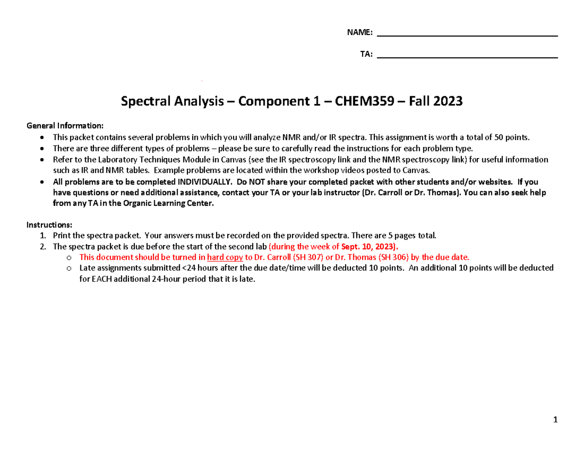 Spectral Analysis Problems – CHEM 359 – Fall 2023 Assignment - Studocu