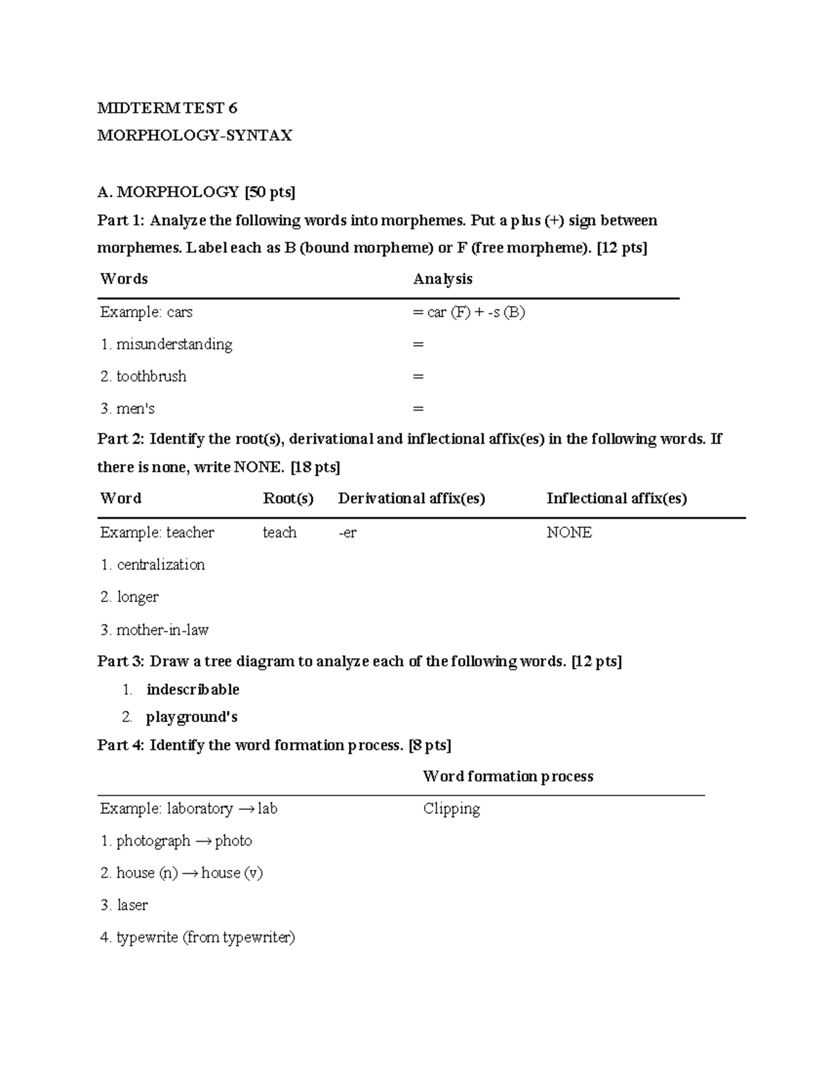 MIDTERM TEST 6-10 A. MORPHOLOGY & SYNTAX Analysis and Diagrams - Studocu