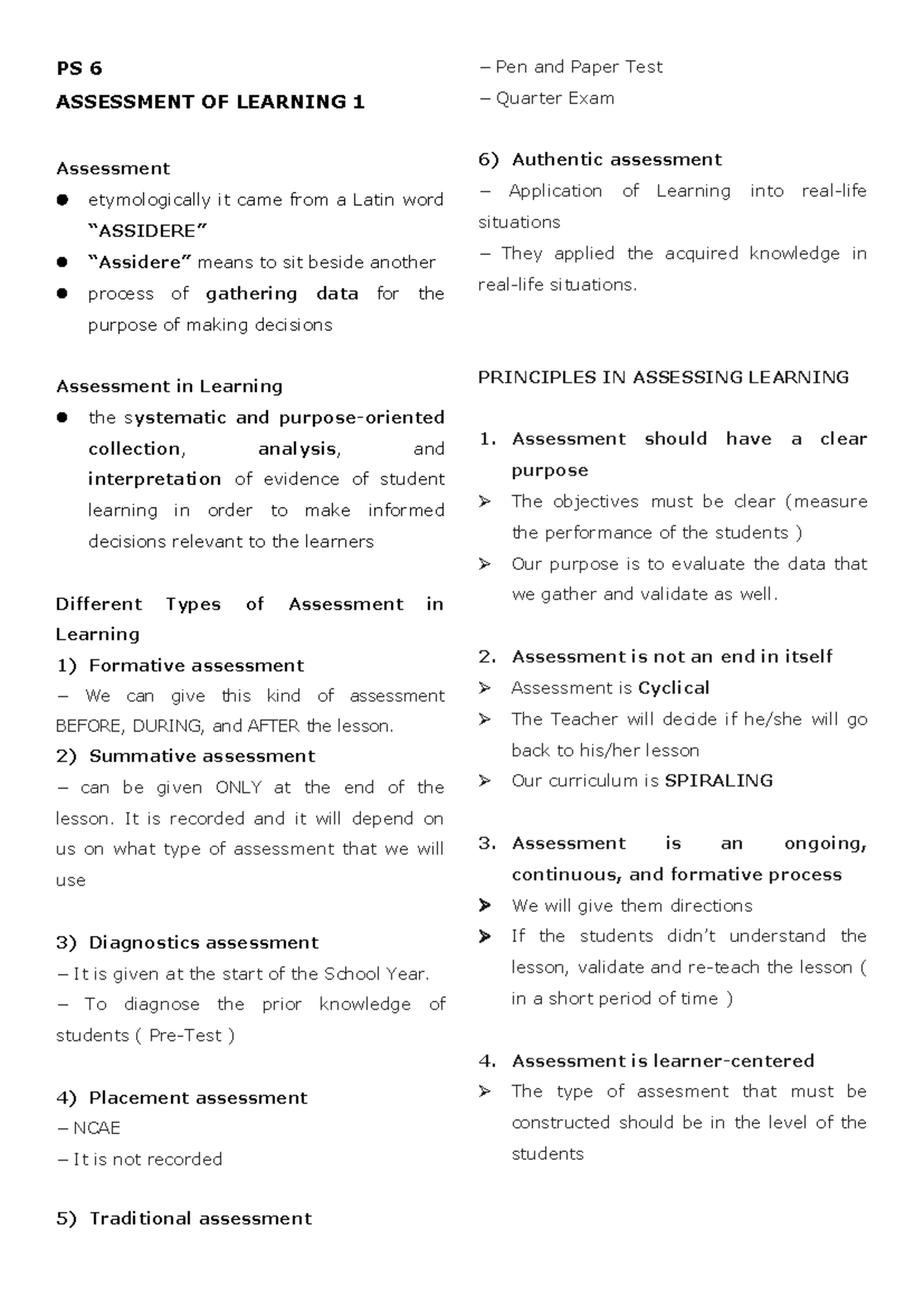 PS 6 Assessment of Learning: Principles and Types of Evaluation - Studocu