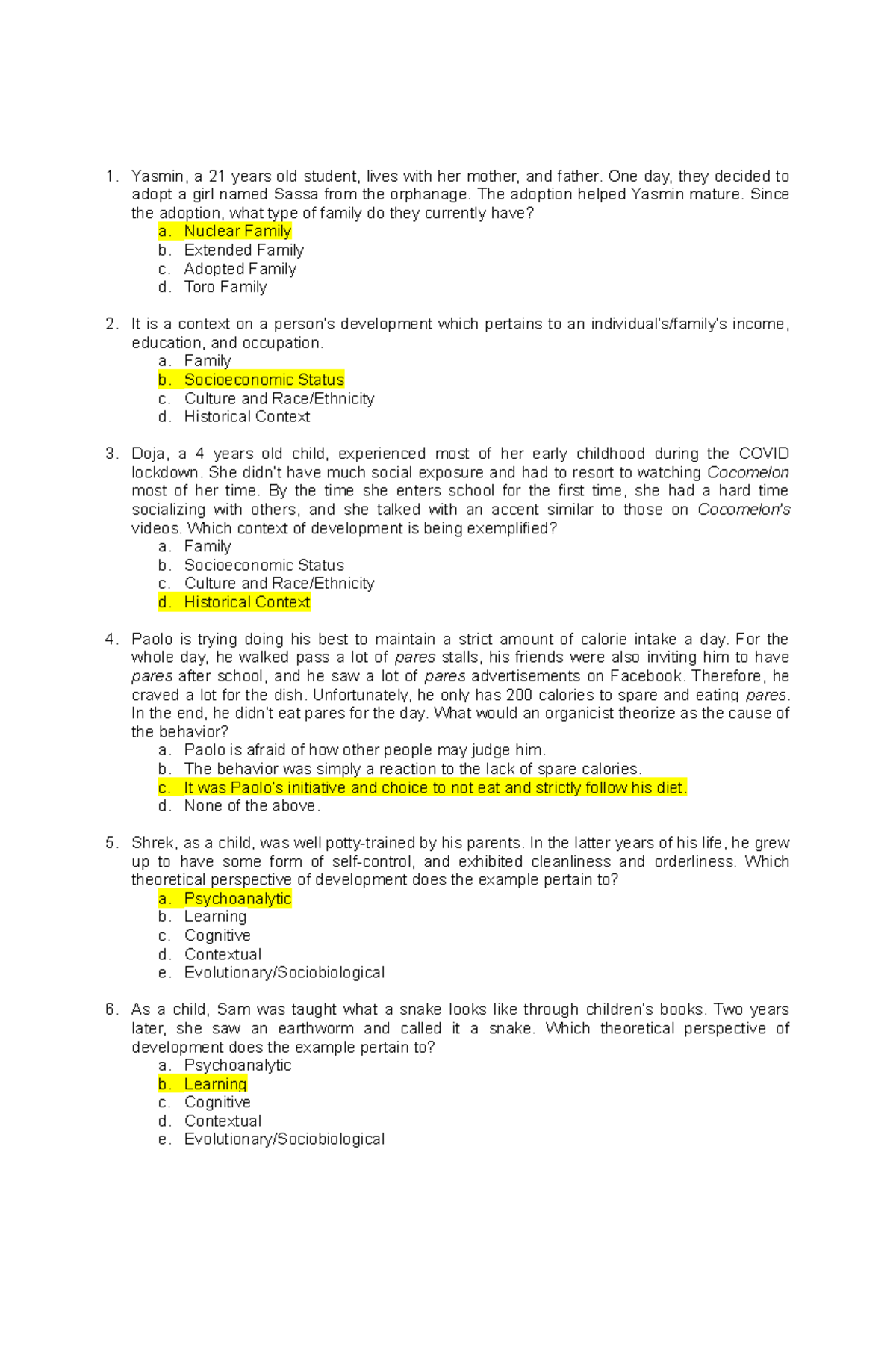 Developmental psychology practice test - Yasmin, a 21 years old student ...
