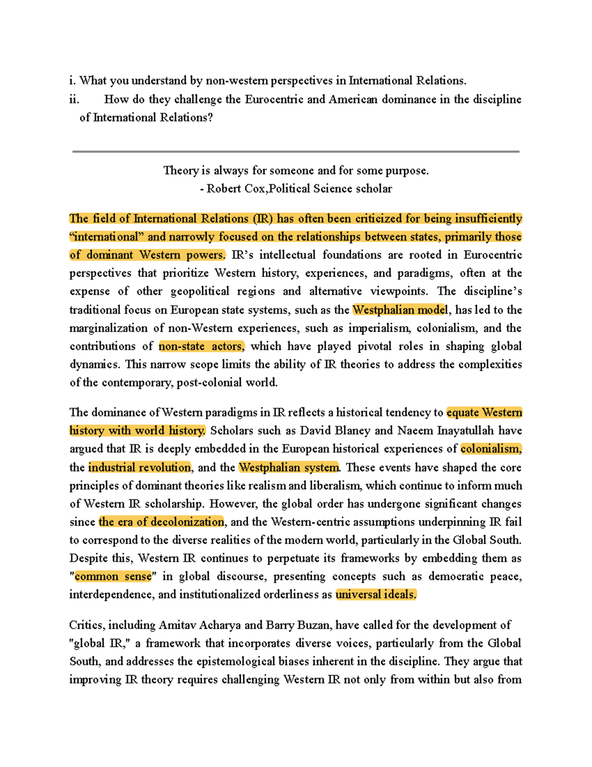Non-Western Perspectives in IR: Challenging Eurocentrism (POL 101 ...