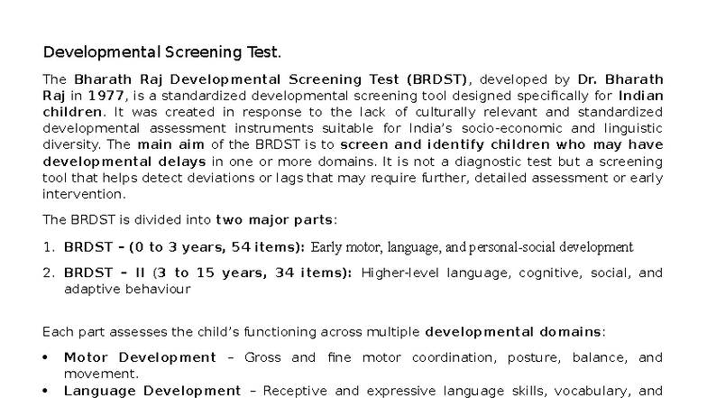 Bharath Raj Developmental Screening Test (BRDST) Overview - Studocu