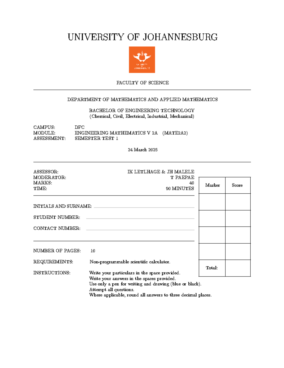 MATE2A2 Engineering Mathematics V Test 1 Practice Questions 2025 - Studocu