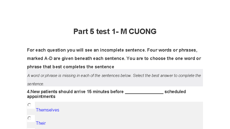 Part 5 Test M CUONG - Sentence Completion Practice - Studocu