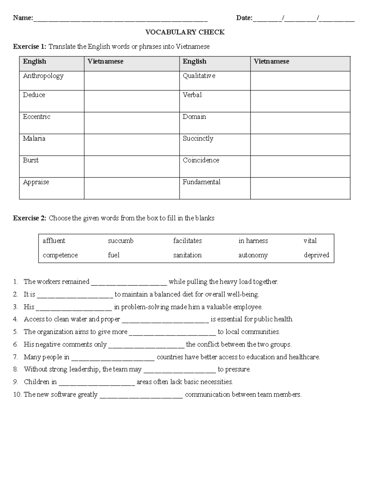 Vocabulary Check: Translation & Fill-in-the-Blank Exercises (Revision ...