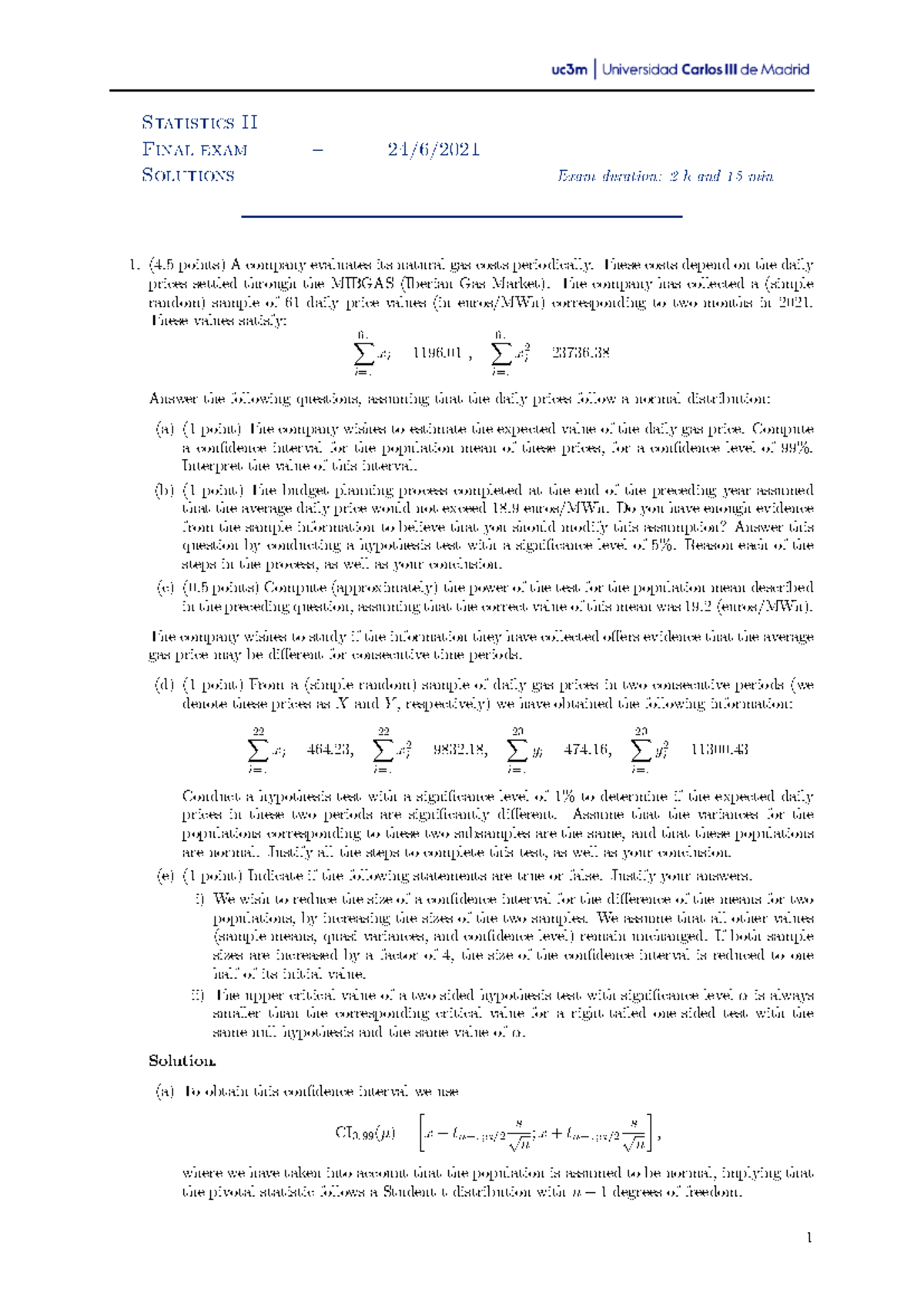 Statistics II (EF 21 JUN) Final Exam Solutions and Analysis - Studocu