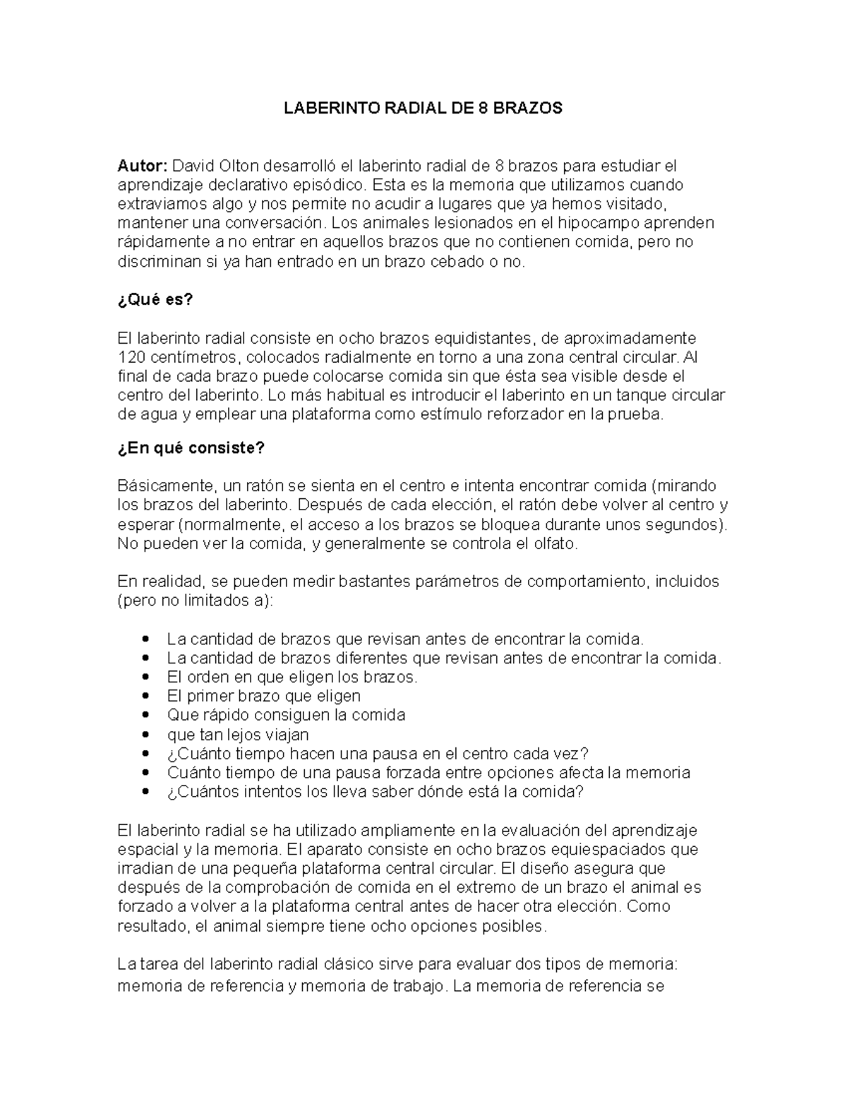 Laberinto Radial de 8 Brazos: Estudio de Aprendizaje y Memoria - Studocu