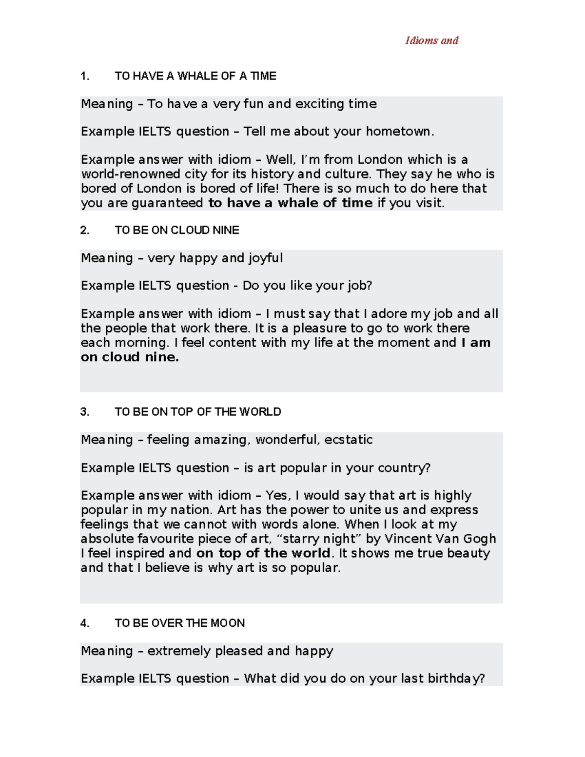 Idioms and Phrases: Common Expressions for IELTS Preparation - Studocu