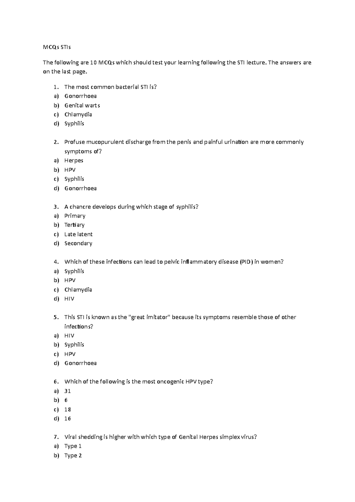 MCQs STIs 2020 - Lecture Review and Practice Questions - Studocu