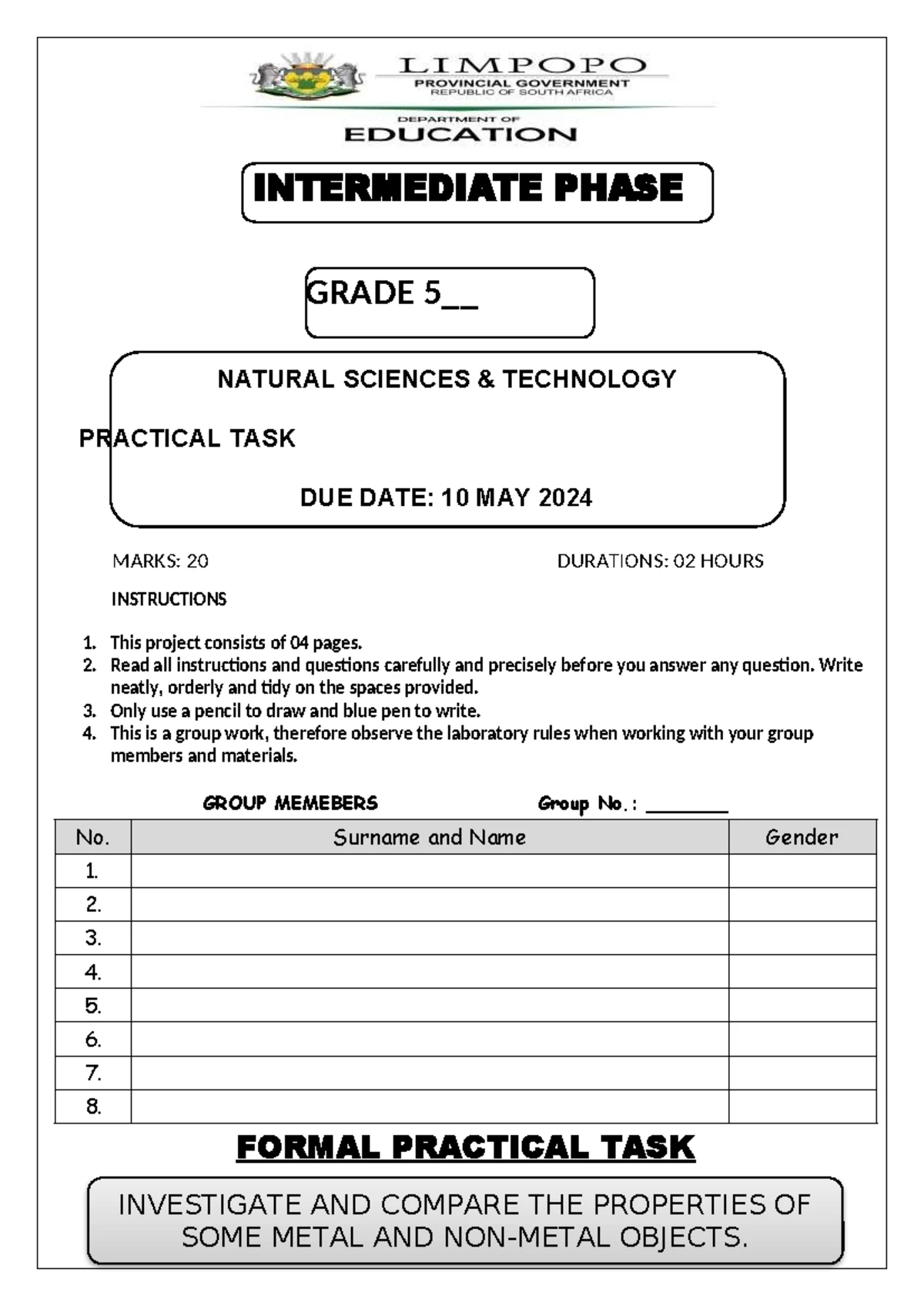 Grade 5 NSTECH Term 2 Practical Task Memo 2024 - Investigating Metals ...