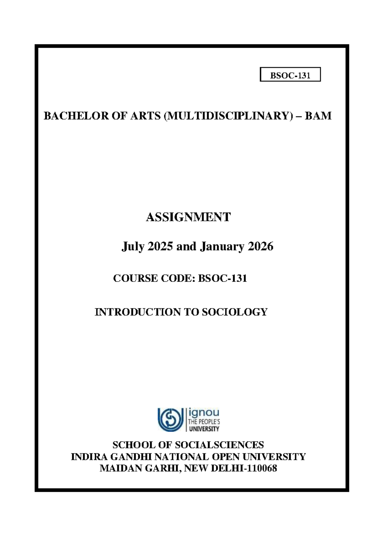 BAM Assignment: Introduction to Sociology (BSOC-131) July 2025 & Jan ...