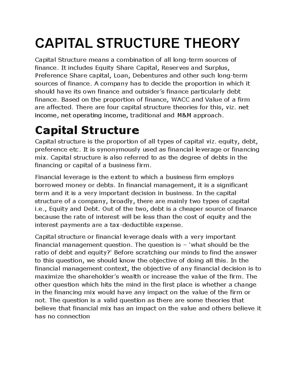 Capital Structure - Lecture Notes on Theories and Financial ...