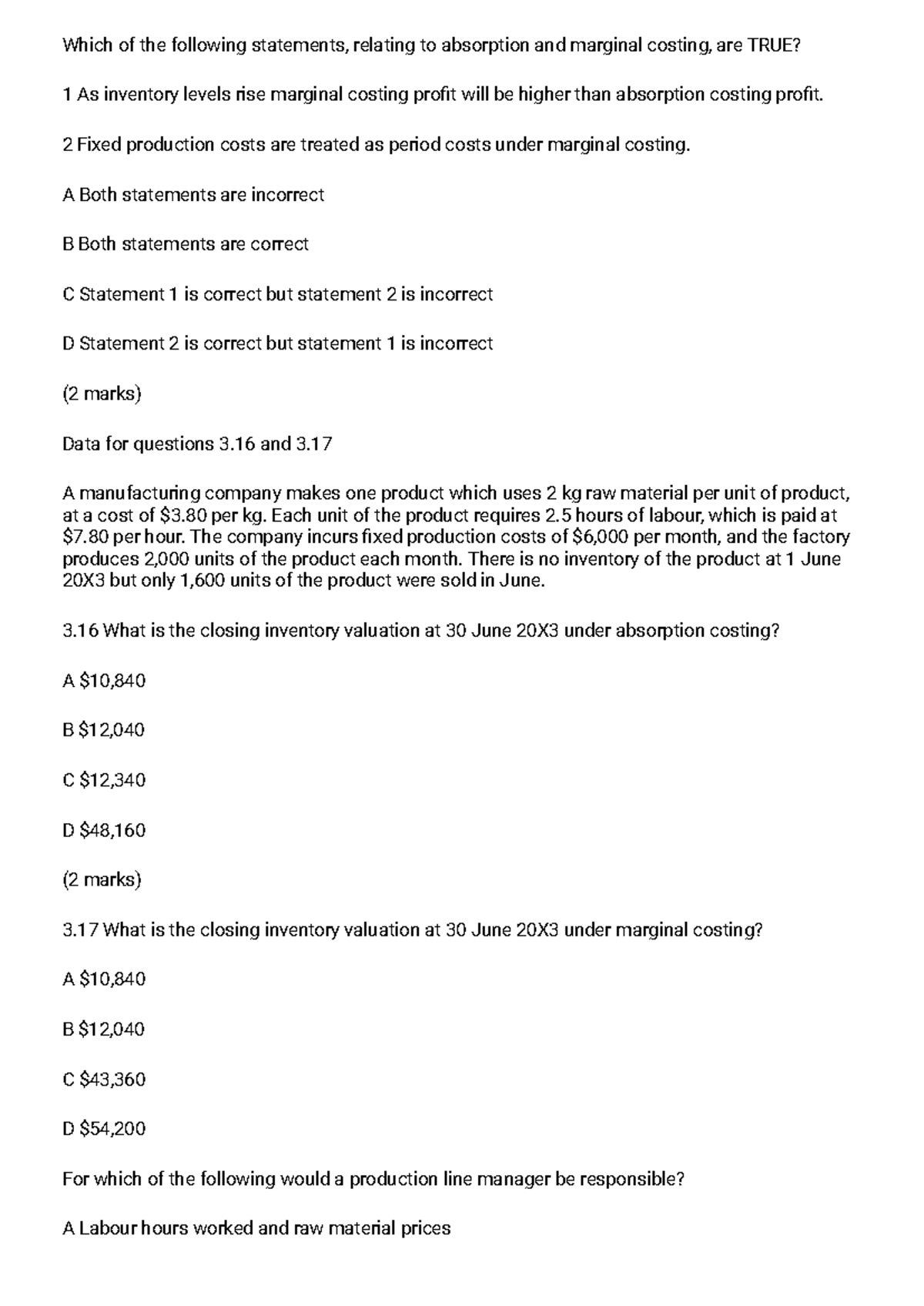 Test 2 - Accounting: Absorption vs Marginal Costing Analysis - Studocu