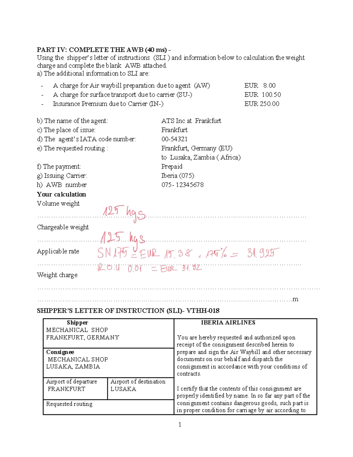 Air Waybill Practical Exercise (AWB) - Part IV Instructions - Studocu