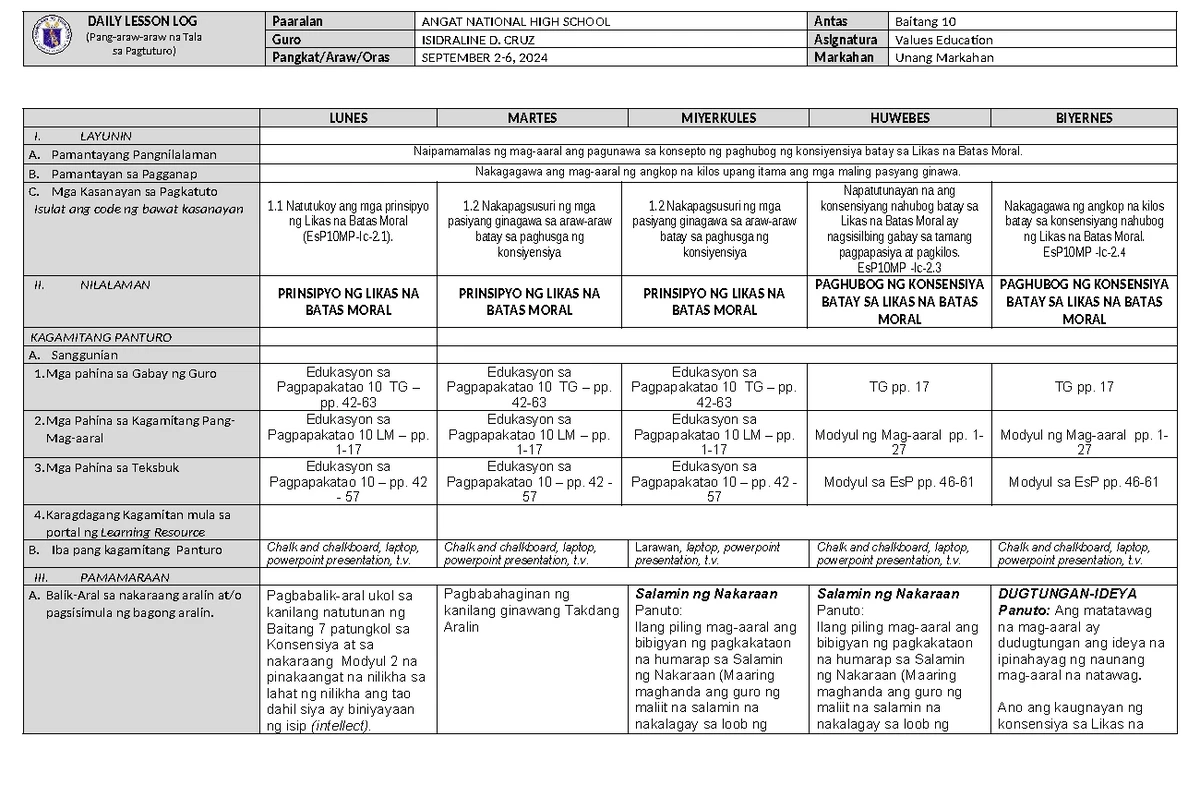 Daily Lesson Log for Values Education (Grade 10) - Aug 26-30, 2024 ...