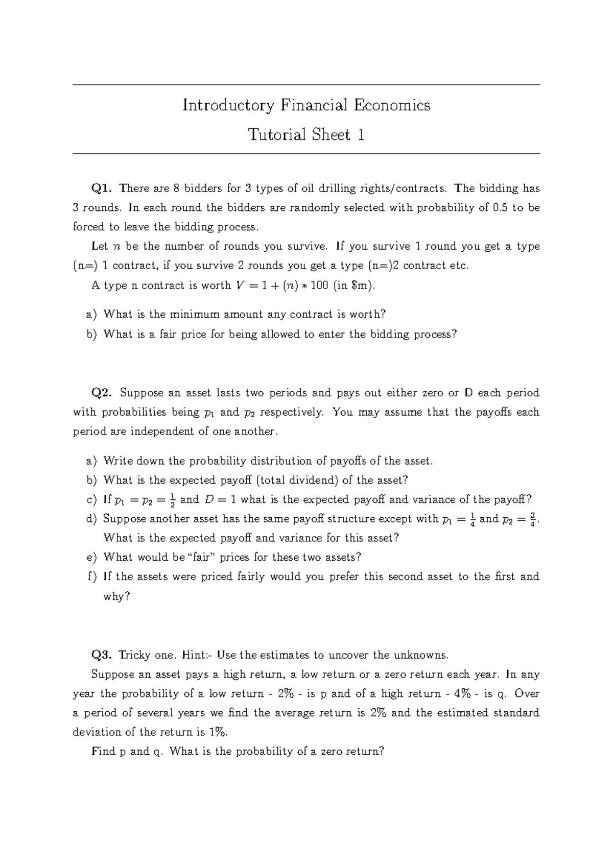 IFE Tutorial 1: Introductory Financial Economics Insights - Studocu