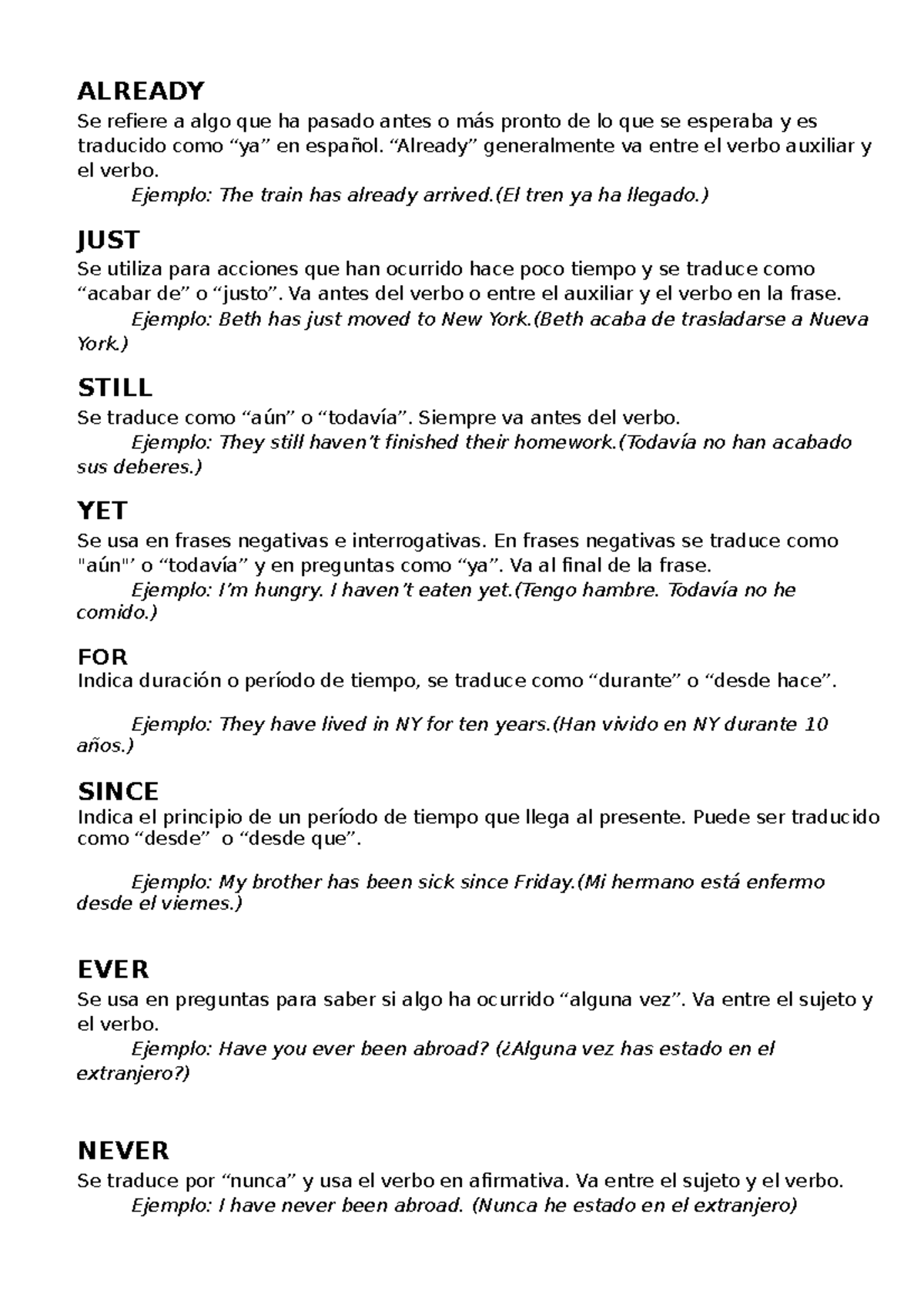 Inglés: Uso de ALREADY, STILL, YET, FOR, SINCE y más - Studocu