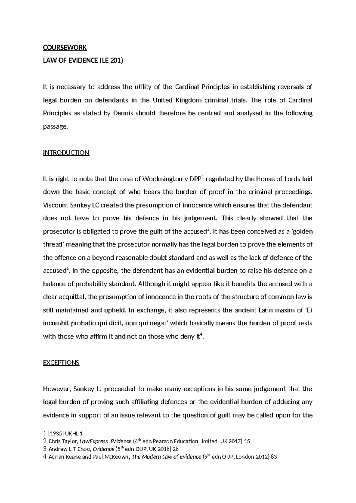 Cardinal Principles and Legal Burden in UK Criminal Trials (LE 201 ...