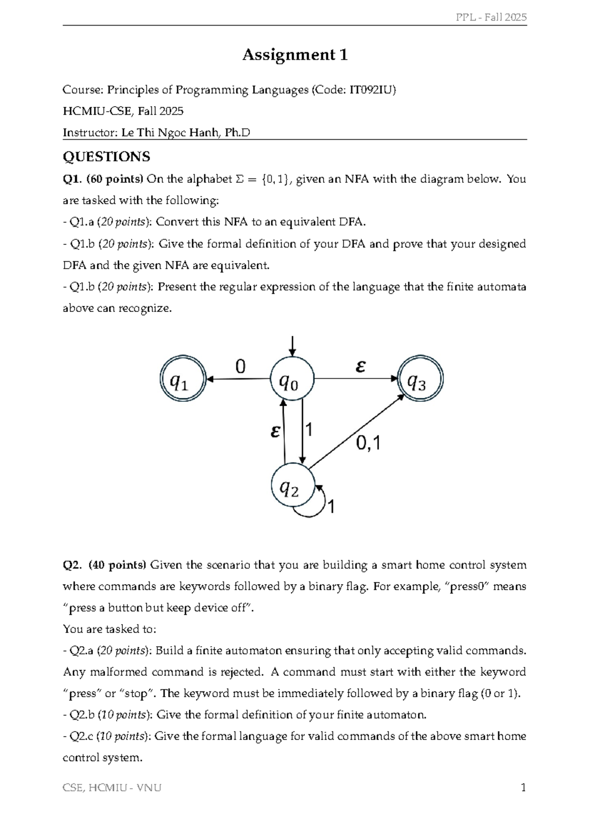PPL IT092IU Fall 2025 Assignment 1: NFA to DFA Conversion & Finite ...