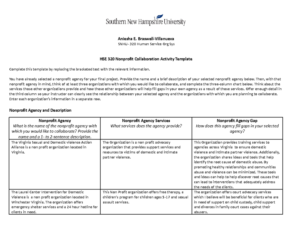 HSE 320 Nonprofit Collaboration Activity Template - Aniesha E. Braswell ...