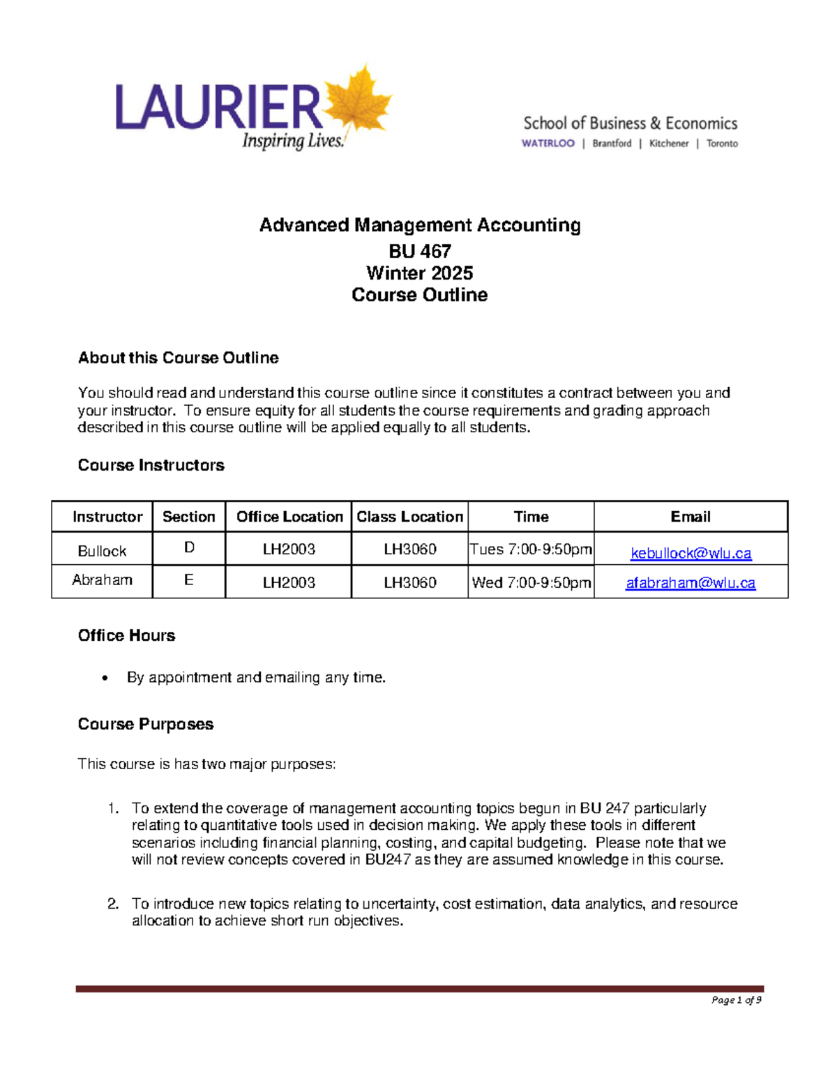 BU467 Winter 2025 Advanced Management Accounting Course Outline - Studocu