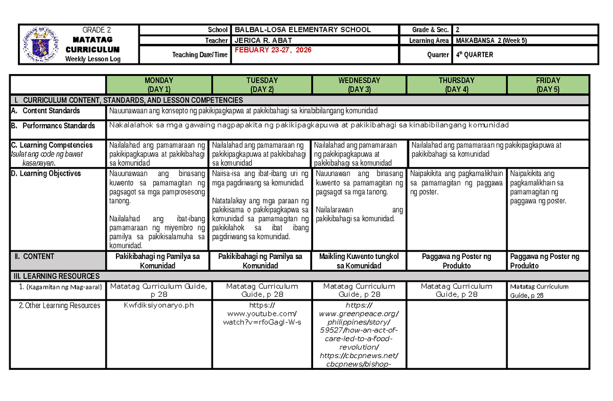 GRADE 2 MATATAG CURRICULUM Weekly Lesson Log: Makabansa 2 (Week 5 ...