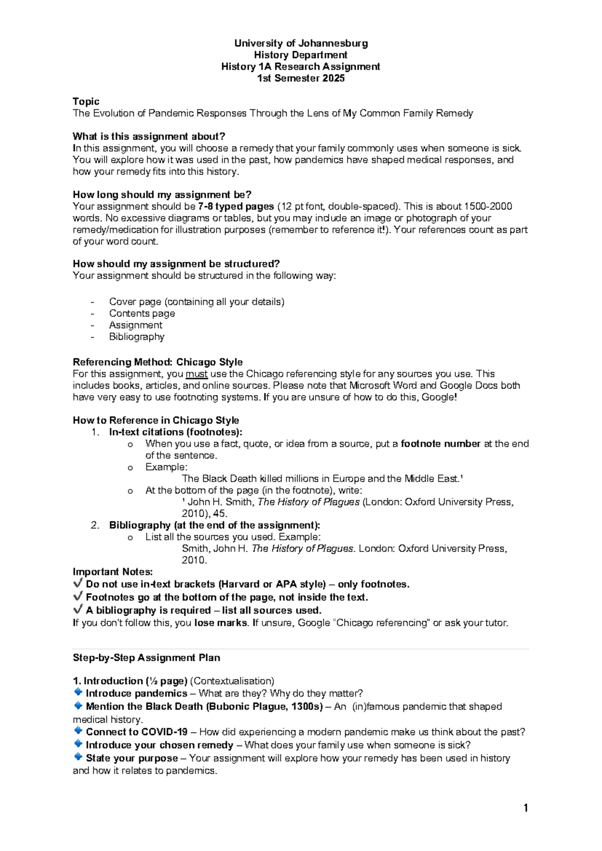 History 1A 2025 research assignment: The evolution of pandemic ...