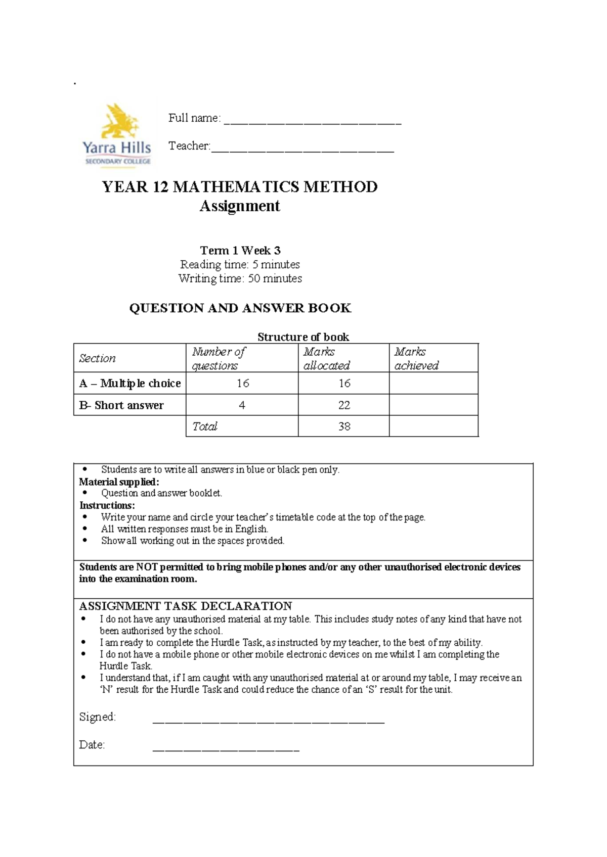 YEAR 12 MATHEMATICS METHOD MM Assignment T1 Week 3 Q&A Guide - Studocu