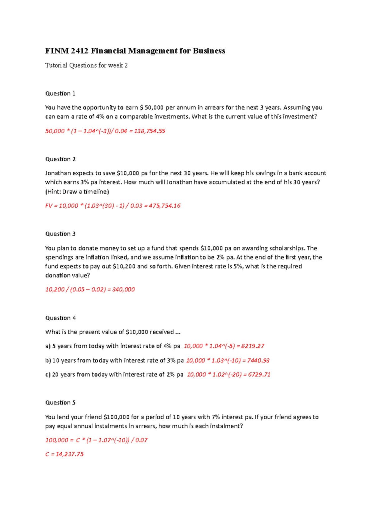 FINM 2412 Financial Management Tutorial 7 Questions Analysis - Studocu
