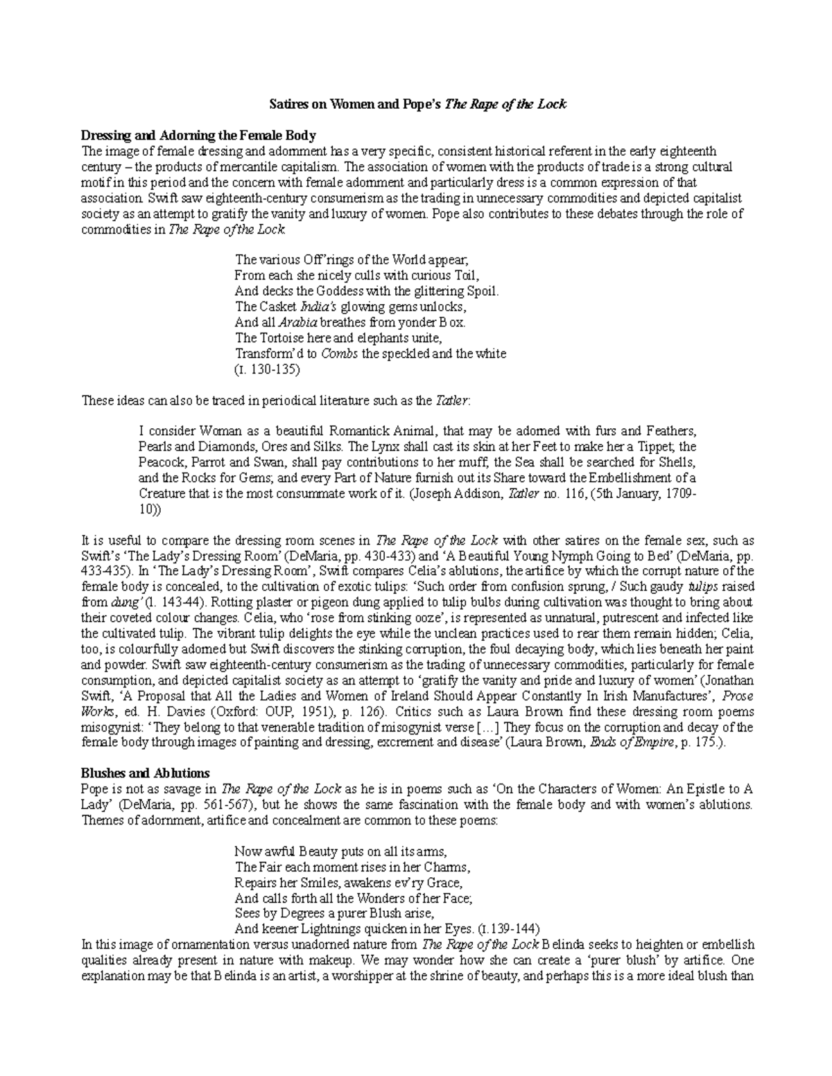 Satires on Women: Analyzing Pope's The Rape of the Lock and Swift - Studocu