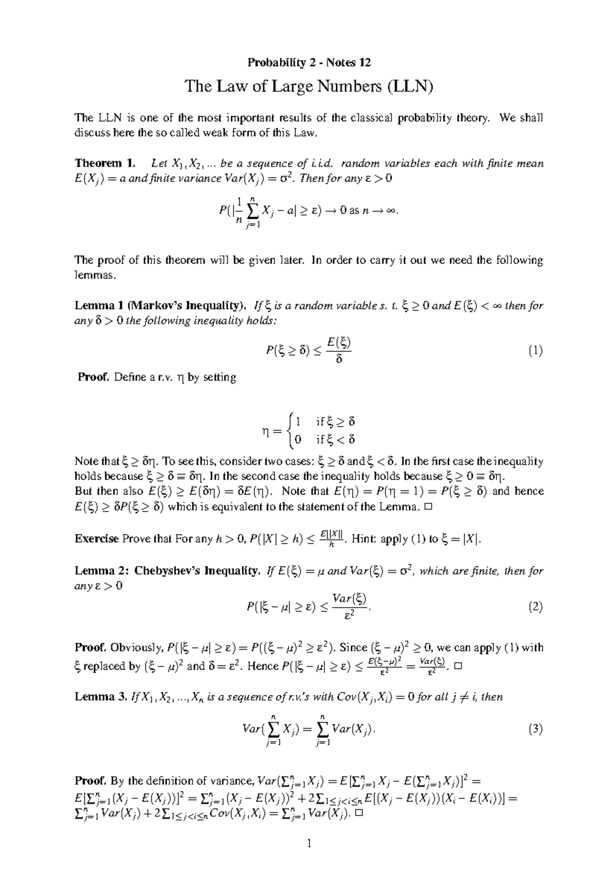 Probability 2 Notes: Law of Large Numbers Proof and Applications - Studocu