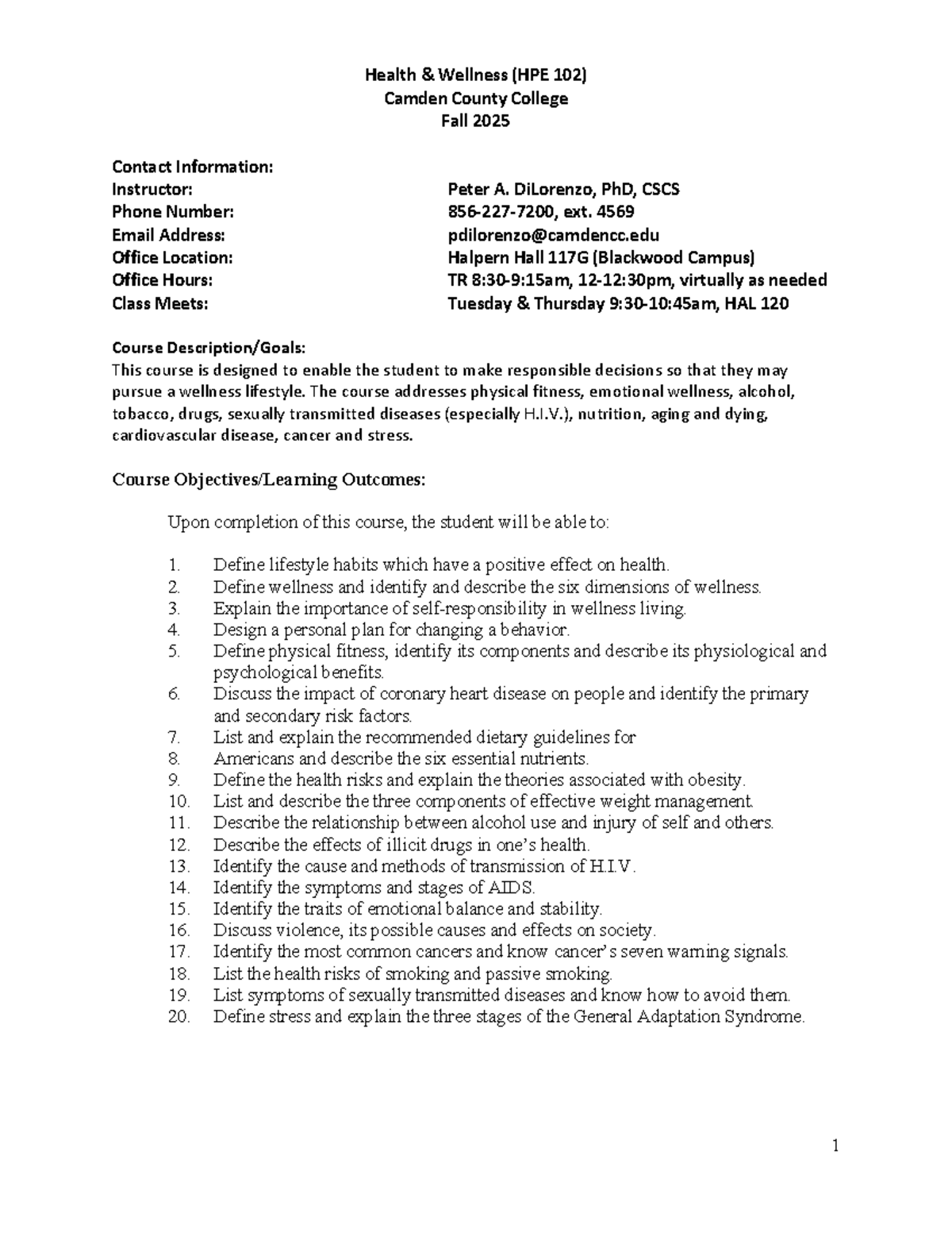 HPE 102 Health & Wellness Course Syllabus - Fall 2025 - Studocu