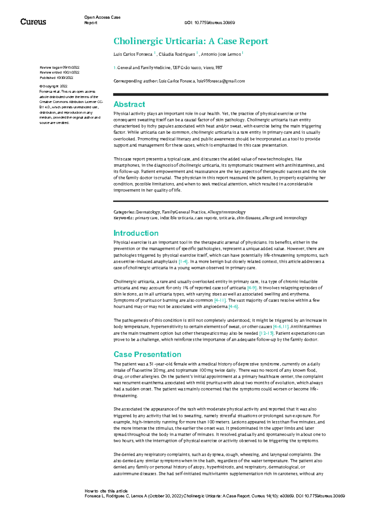Cholinergic Urticaria Case Report: Insights and Management (CUREUS 14 ...