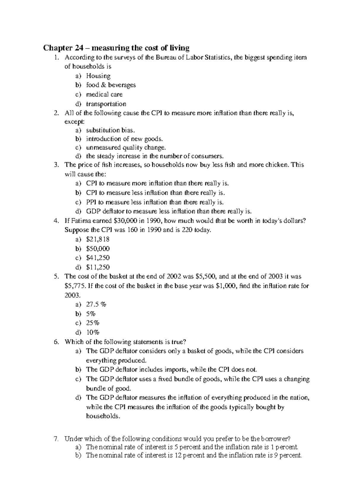 Practice mcqs quiz 2 - Chapter 24 – measuring the cost of living 1 to ...
