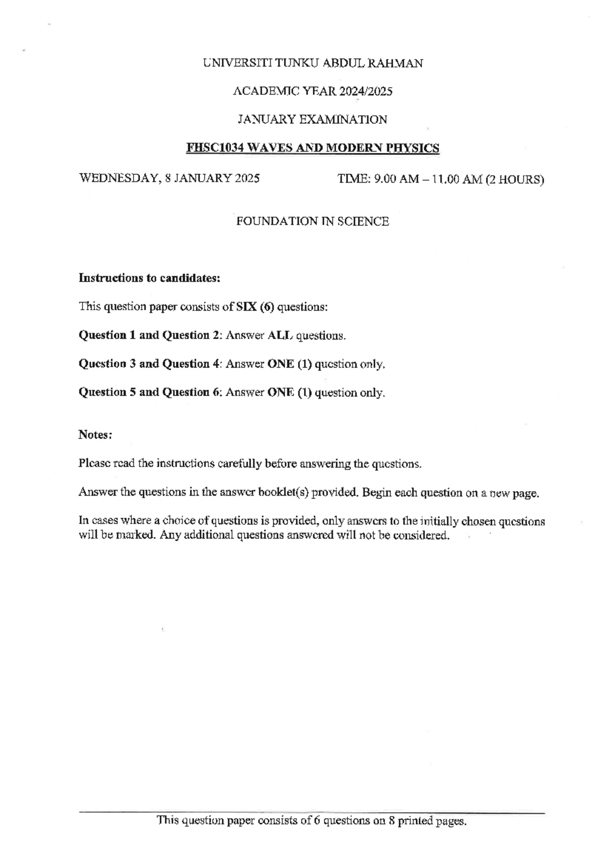 FHSC1034 Waves and Modern Physics Final Exam January 2025 - Studocu