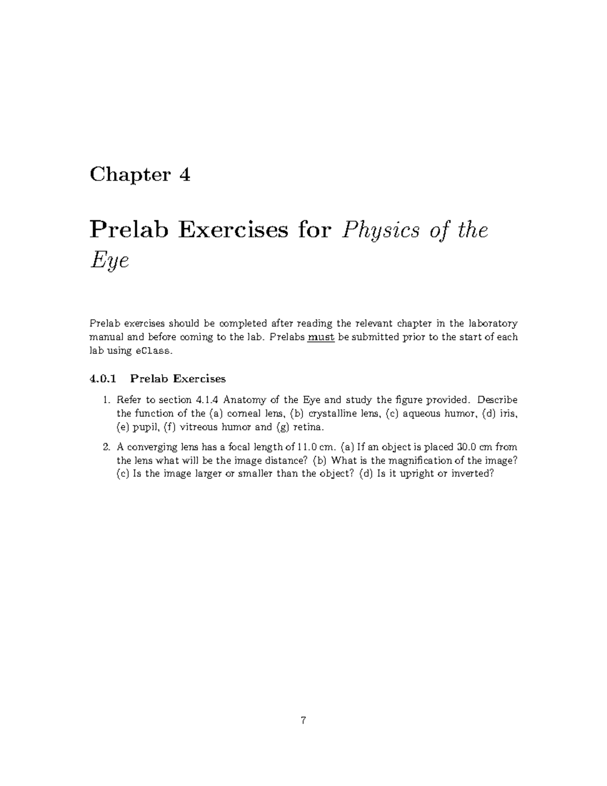P4 - Physics of the Eye - Prelab - Chapter 4 Prelab Exercises for ...