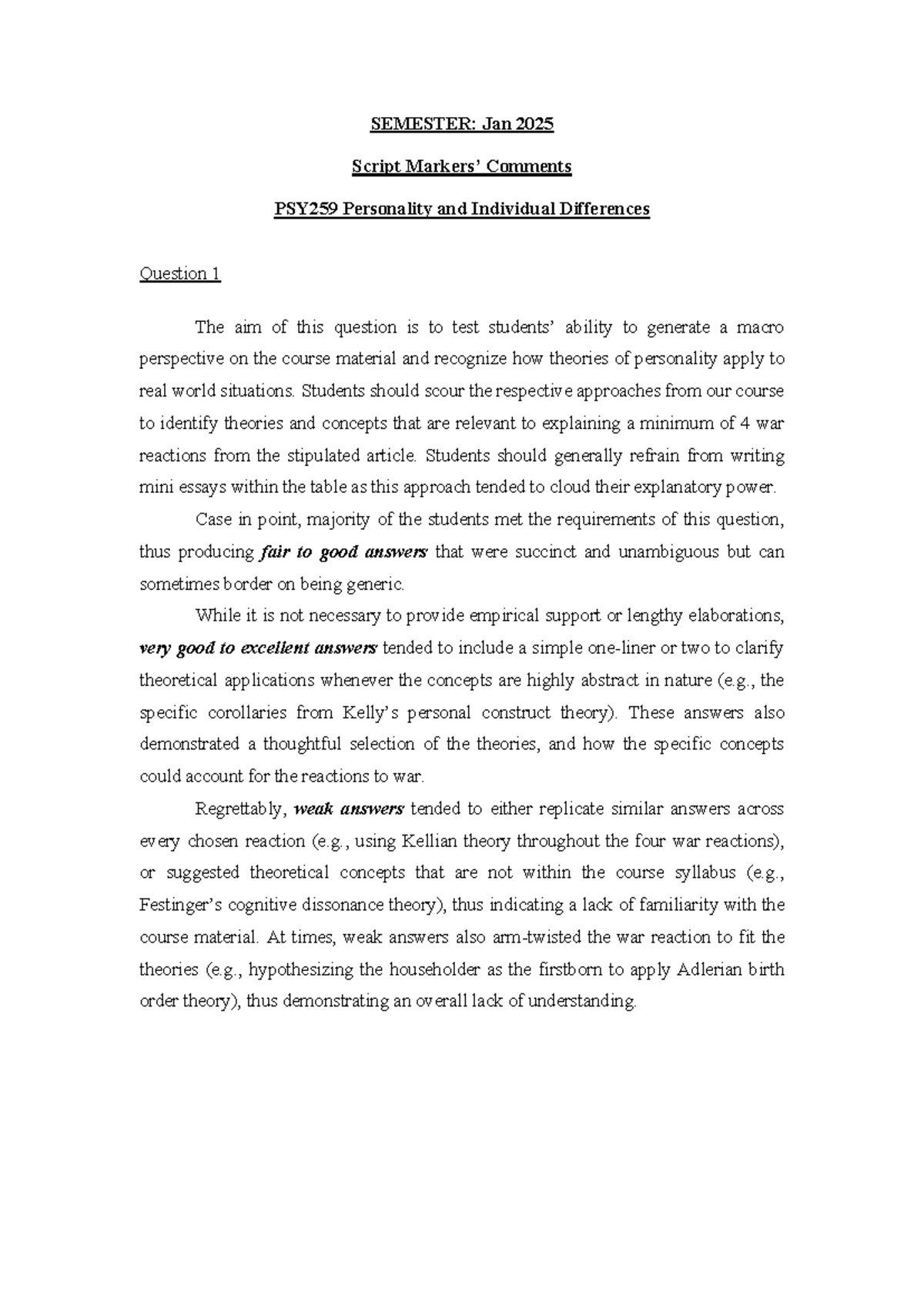 PSY259 Jan 2025 Script Markers' Comments on Personality Theories - Studocu