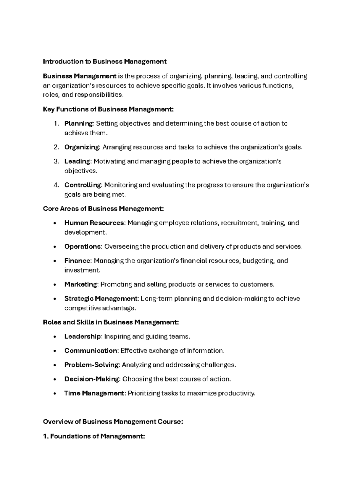 Business Management 101: Comprehensive Course Notes - Studocu
