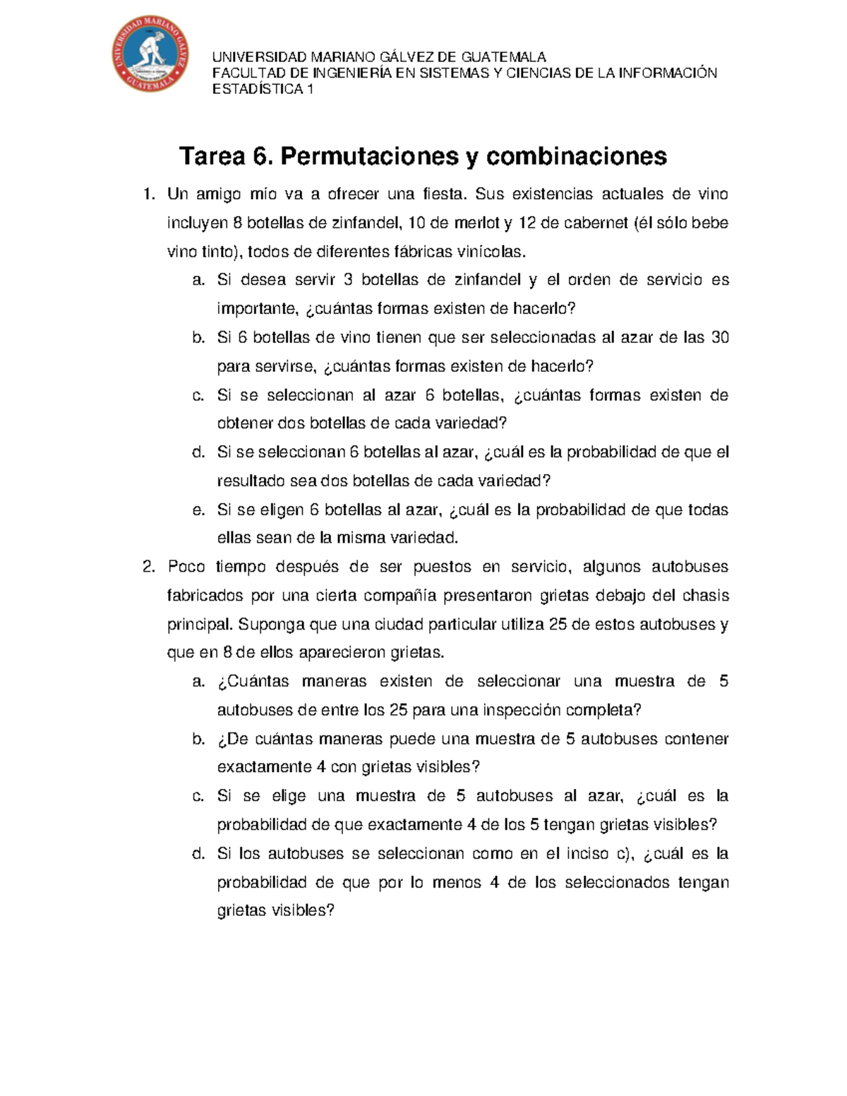 Tarea 6 - Permutaciones y Combinaciones en Estadística 1 - Studocu