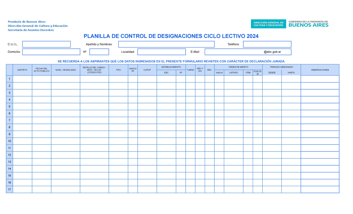 HOJA DE RUTA 2024 - Hoja de ruta - PLANILLA DE CONTROL DE DESIGNACIONES ...