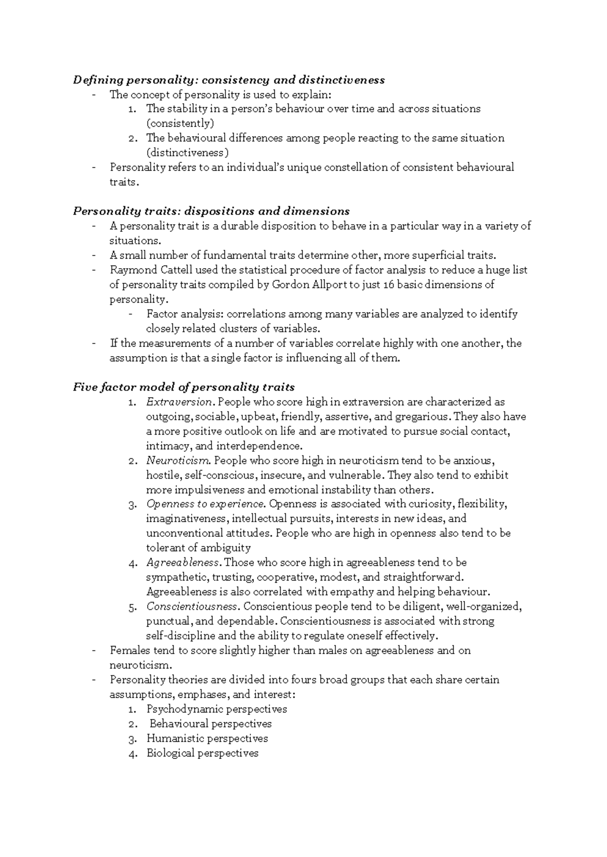 Chapter 12: Personality Theories and Key Concepts Notes - Studocu