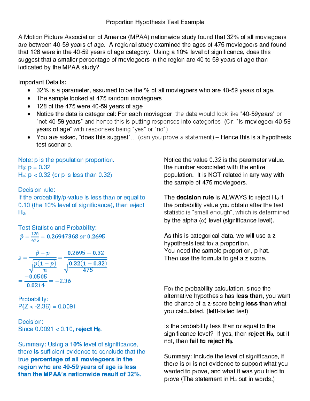 Hyp Test PExample C - Proportion Hypothesis Test on Moviegoers - Studocu