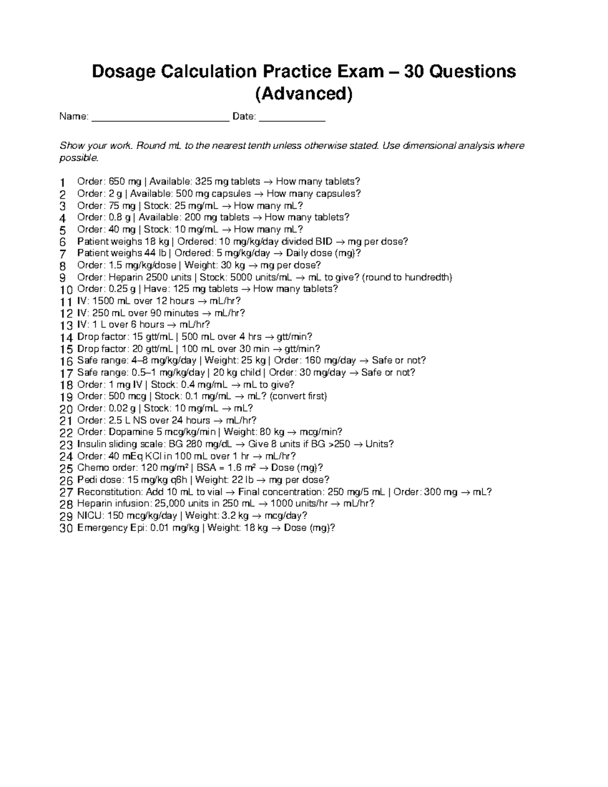 Dosage Calculation Practice Exam (Advanced) - 30 Questions - Studocu