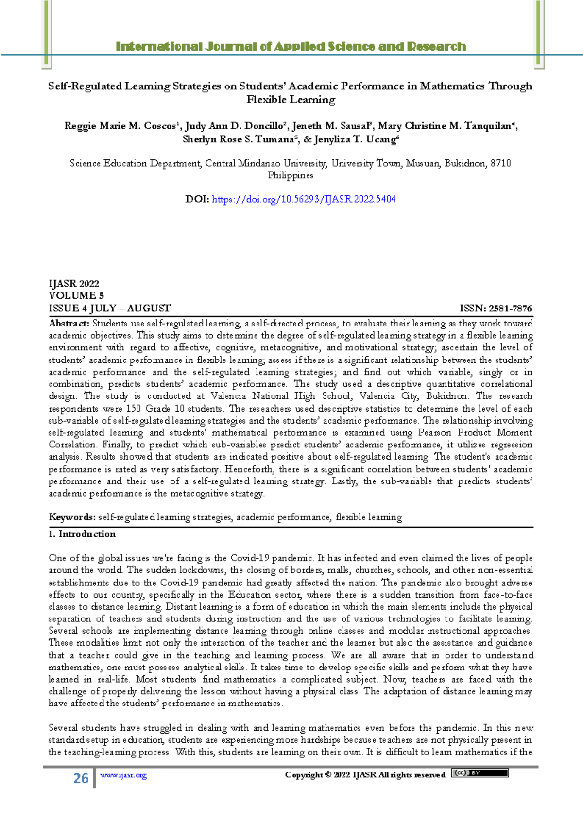 Self-Regulated Learning Strategies Impact on Math Performance in SY ...