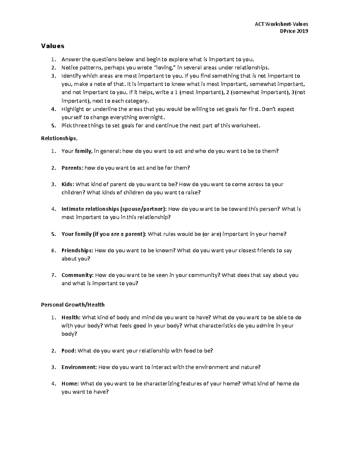 ACT DPrice 2019 Values Worksheet and Goal Setting Guide - Studocu