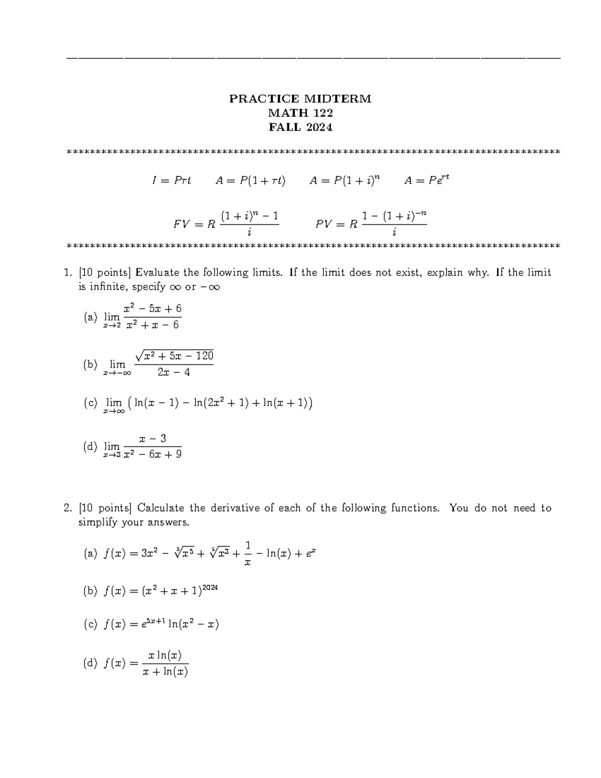 MATH 122 Practice Midterm Sample for Fall 2024 - Studocu