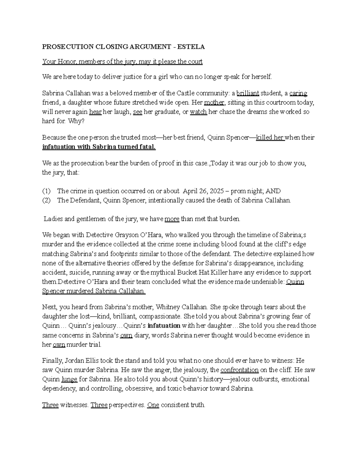 PROSECUTION CLOSING ARGUMENT: CASE OF SABRINA CALLAHAN - Studocu