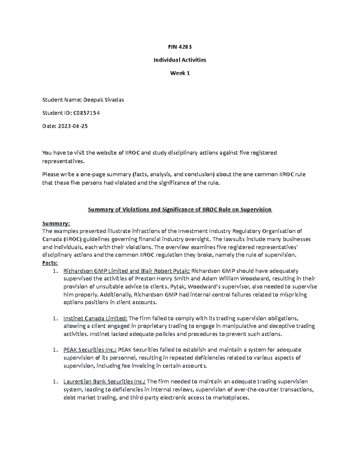 FIN 4203 Week 1 - Summary of IIROC Violations and Rule Significance ...