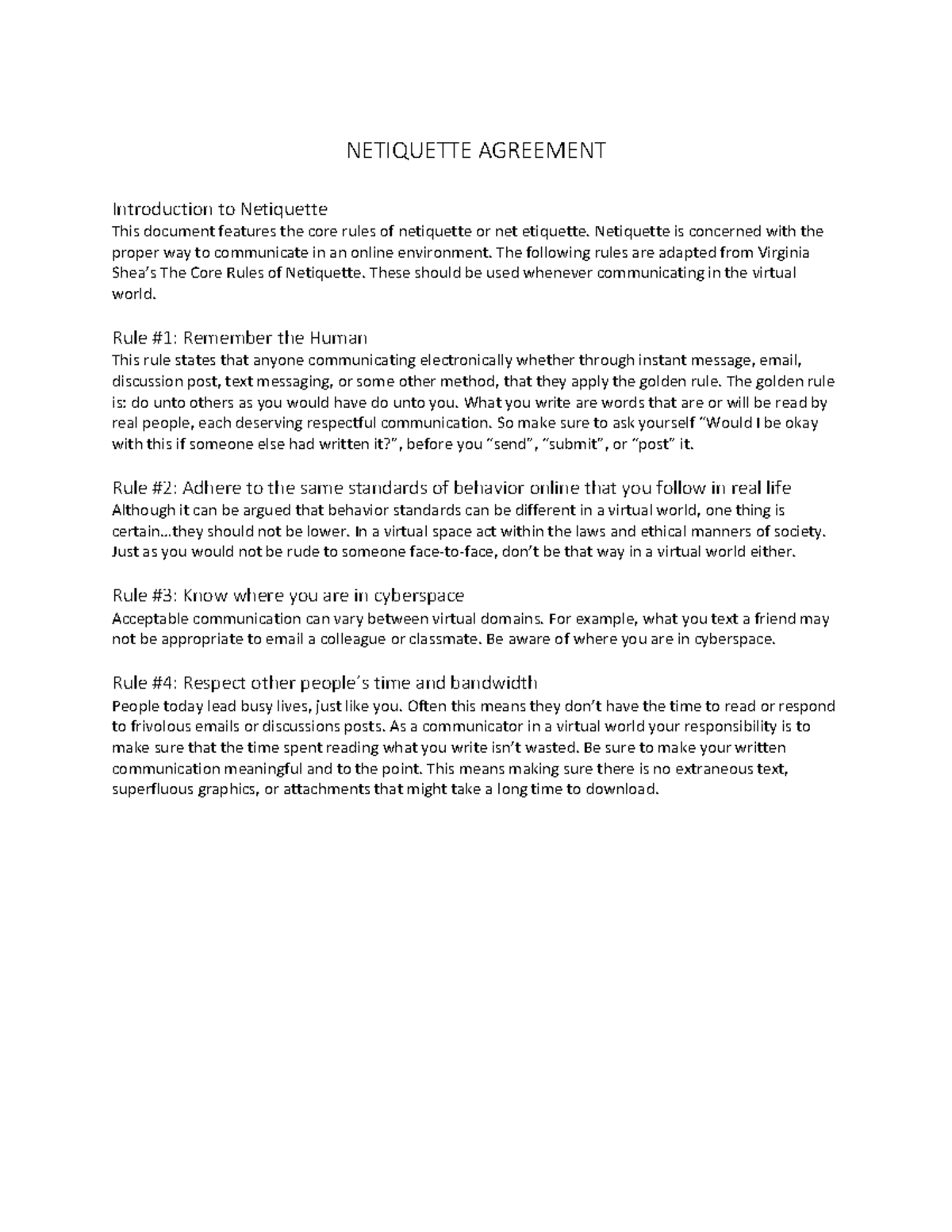 Netiquette Agreement Guidelines for Online Communication - Studocu